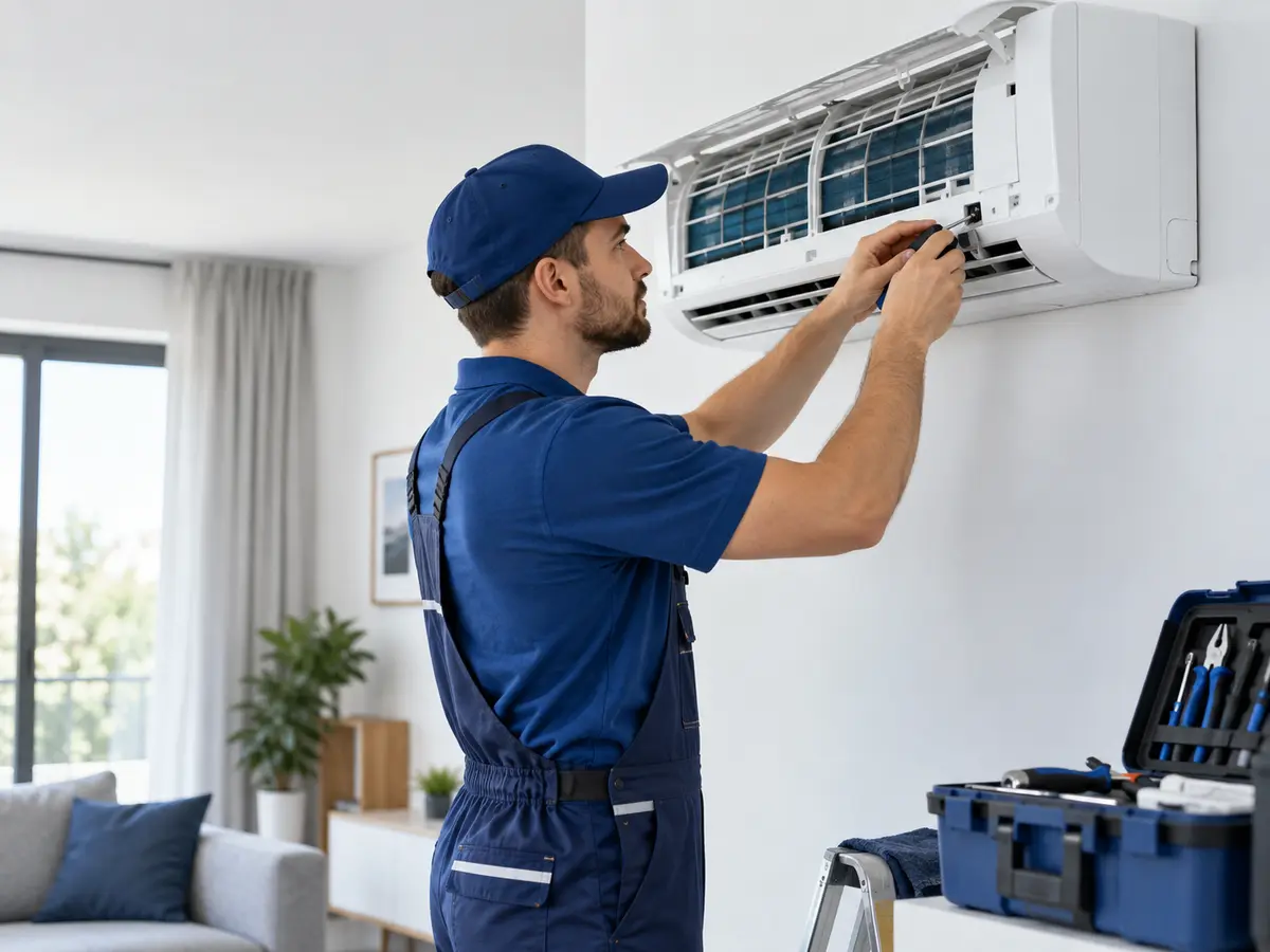 Técnico realizando manutenção em ar-condicionado split