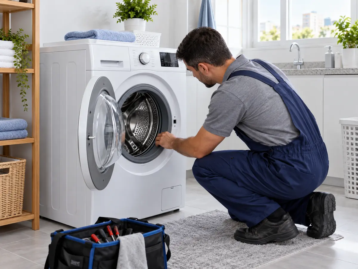 Técnico realizando manutenção em máquina de lavar